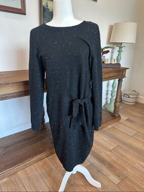 Talbots Black Speckled Tie-Waist Sweater Dress